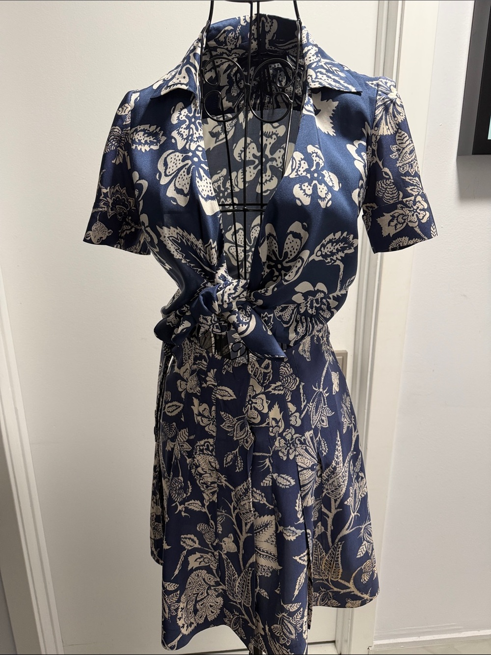 Isabel Marant Navy and Cream Floral Tie-Front Mini Dress